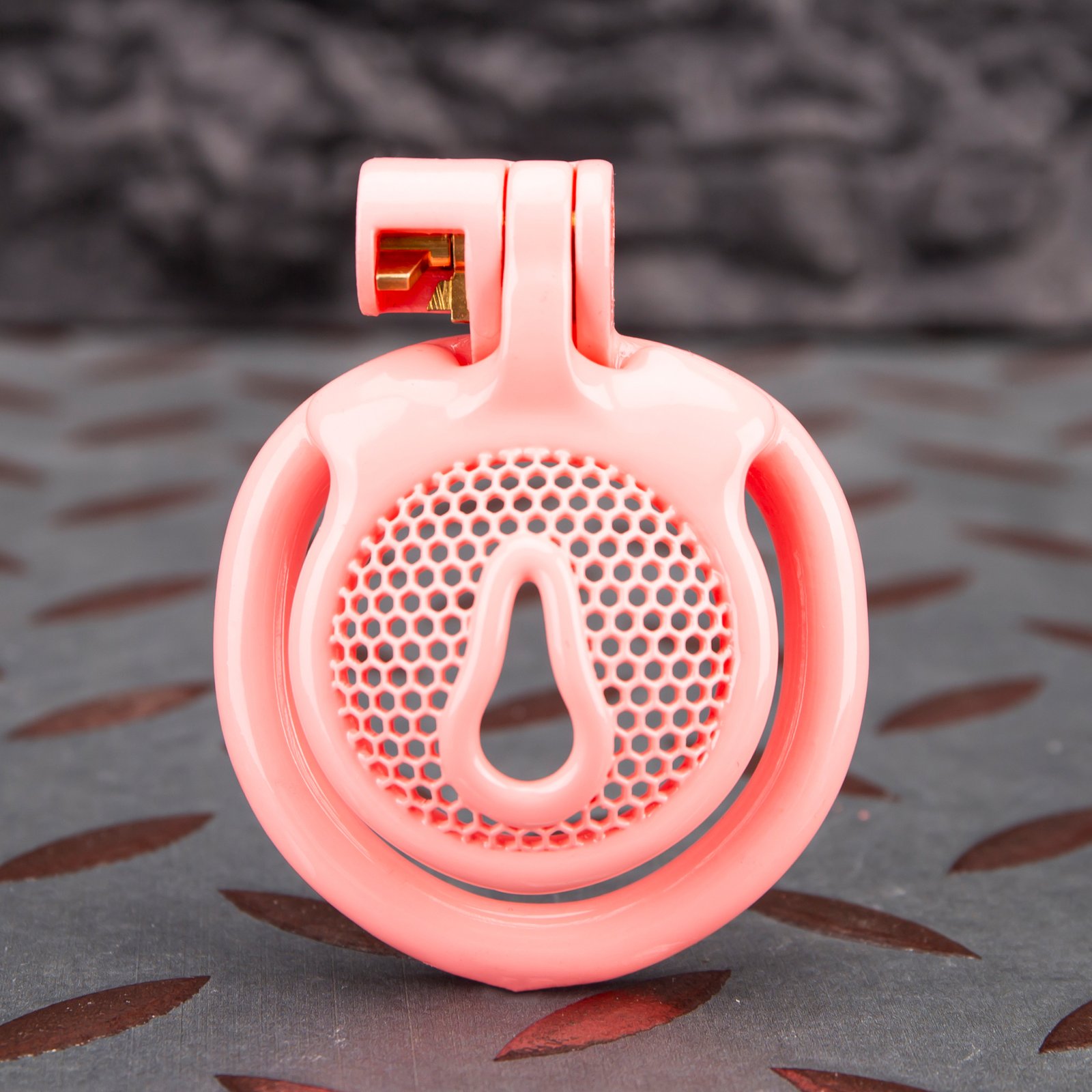 1 Pink Micro Cock Cage Honeycomb Pussy Small Chastity Cage Flat Ring - Image 1