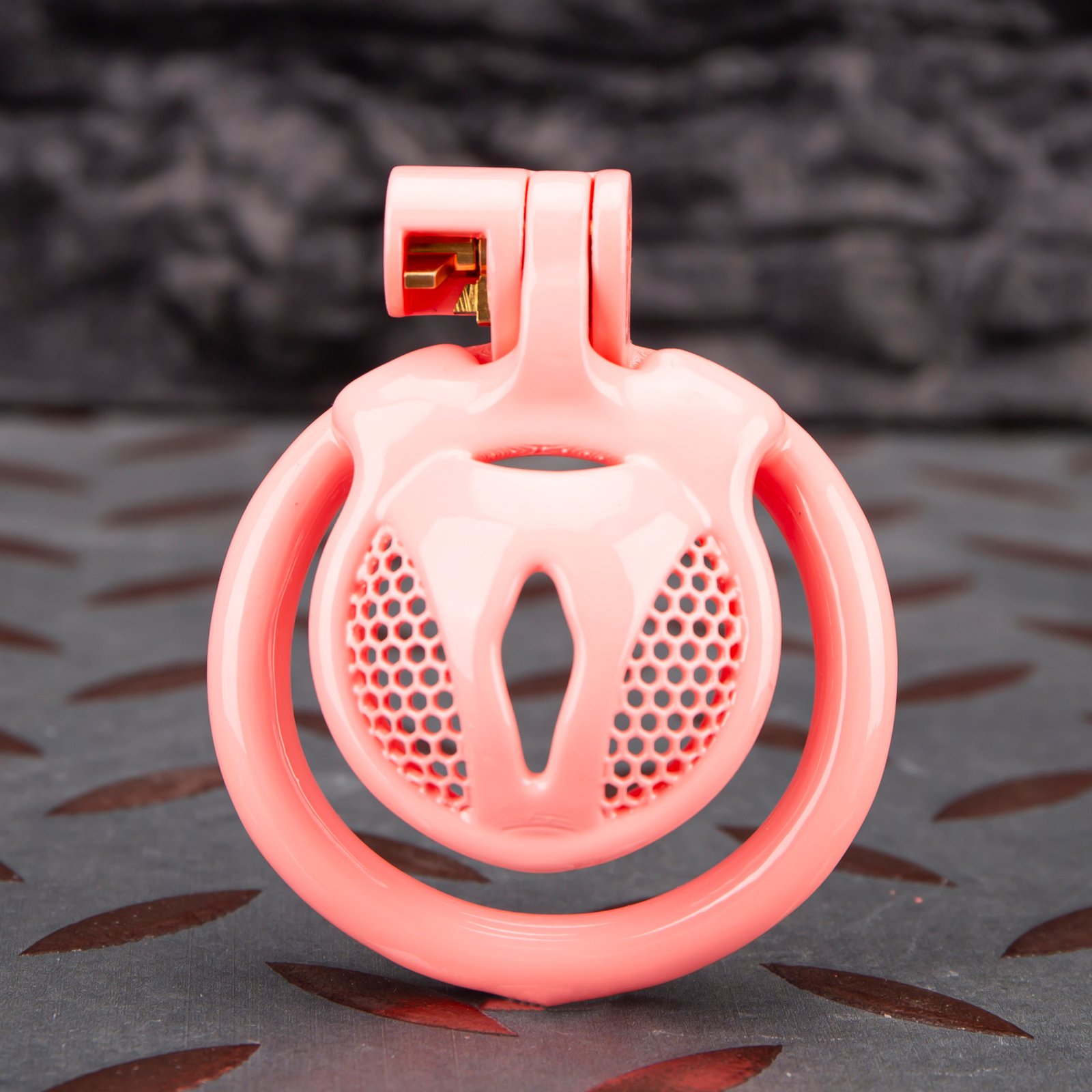 1 Pink Micro Cock Cage Honeycomb Vagina Small Chastity Cage Curved Ring - Image 1